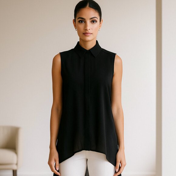 Women S Black Sleeveless Sheer High Low Back Pleated Witchy Gothic Button Up Top - Picture 1 of 12